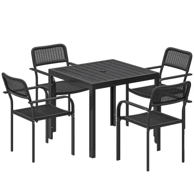 Outsunny Outdoor Dining Set for 4, Faux Wood Metal Patio Table and Stackable Chairs with Plastic Rattan Effect Seat, Black