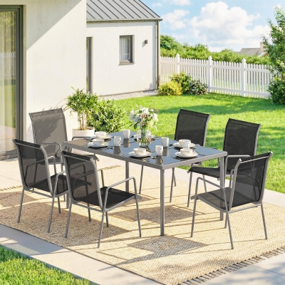 Outsunny 7 Piece Garden Dining Set, Garden Furniture Set with Rectangle Table and 6 Stackable Chairs