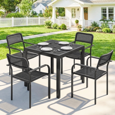 Outsunny Outdoor Dining Set for 4, Faux Wood Metal Patio Table and Stackable Chairs with Plastic Rattan Effect Seat, Black