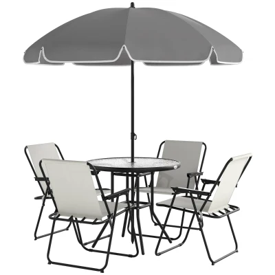 Outsunny 6 Pieces Patio Dining Set with Umbrella, Patio Furniture Set with Folding Chairs, Glass Table for Garden Backyard, Cream White