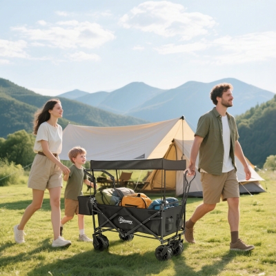 Outsunny 80L Folding Wagon Cart with Wheels, Heavy-Duty Collapsible Wagon with Removable Canopy, Adjustable Handle, Black