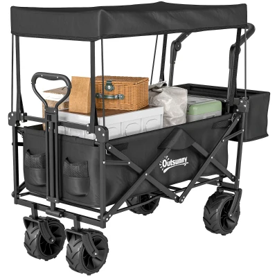 Outsunny 80L Folding Wagon Cart with Wheels, Heavy-Duty Collapsible Wagon with Removable Canopy, Adjustable Handle, Black