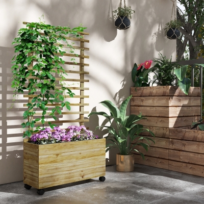 Outsunny Wooden Planter with Trellis, Raised Garden Bed with 4 Wheels for Climbing Plants, 30" x 12" x 61", Nature Wood