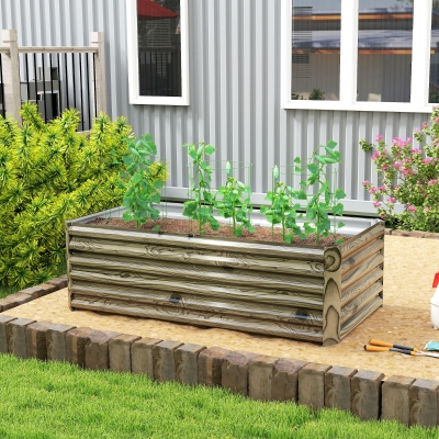 Outsunny 6' x 3' x 2' Raised Garden Bed, Galvanized Planter Box for Growing Flowers, Herbs and Vegetables, Light Wood Effect