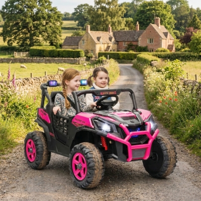 Qaba 2 Seater 24V Electric Car for Kids w/ Remote Control, 3 Speed, LED Lights, Music, Horn, Spring Suspension, Pink