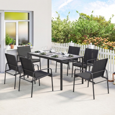 Outsunny Outdoor Dining Set for 6, Faux Wood Patio Table and Chairs with Breathable Mesh Seat, Galvanized Steel Frame, Black