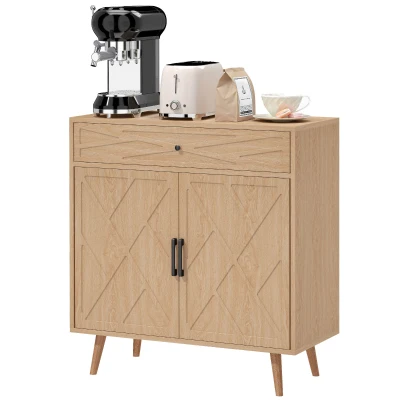 HOMCOM 30" Sideboard with Patterned Doors, Buffet Cabinet with Drawer and Cabinet for Dining Room, Oak