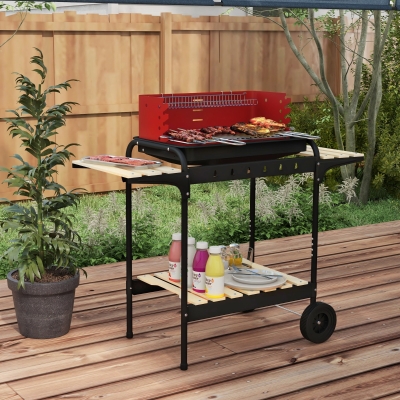Outsunny Charcoal Barbecue Grill with Adjustable Grill Height, Portable BBQ Trolley with Ash Catcher and Wheels, Red