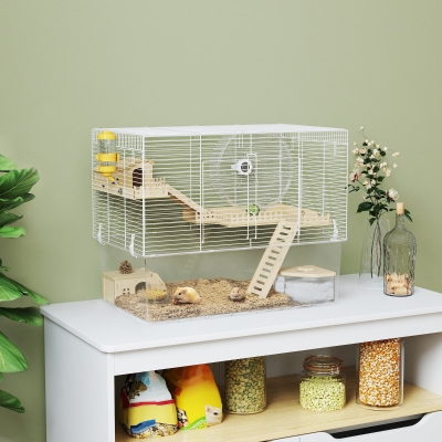 PawHut Hamster Cage with Deep Bottom, Wooden Ramp, Hut, Bathroom and Exercise Wheel for Hamster and Gerbil, White