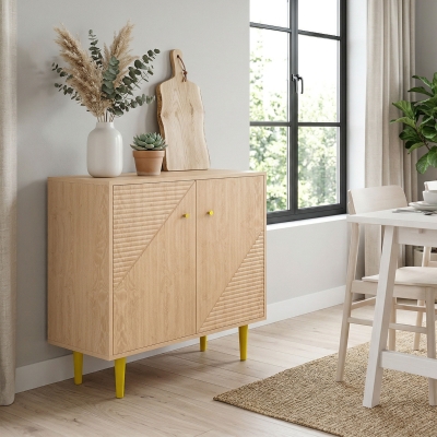 HOMCOM Sideboard with Adjustable Shelf, Buffet Cabinet with 2 Doors and Gold Steel Legs for Dining Room, Oak