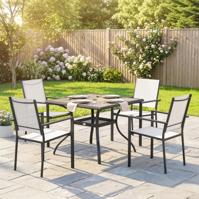 Outsunny 5 Piece Outdoor Patio Dining Set, Dining Table and 4 Stackable Chairs with Umbrella Hole, Shelf