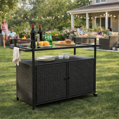 Outdoor Wicker Bar Cart with Glass Top and Wheels, BlacK