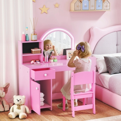 Qaba Kids Vanity Set, Toddler Dressing Table and Chair Set  with Lighted Mirror, Cabinet, Drawer and Shelves, Pink
