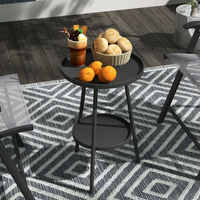 Outsunny Round Garden Table, 2-Tier Small Side Table, Metal Patio Table Coffee Table Dining Table, Black