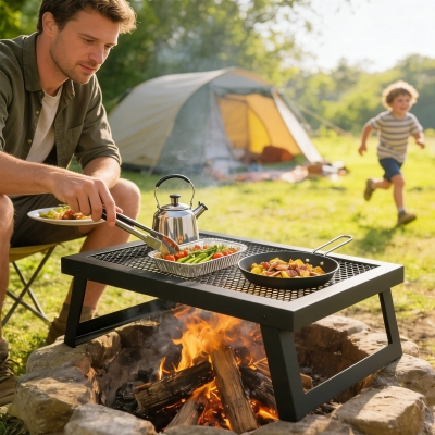 Outsunny Folding Campfire Grill, 22" x 12" Heavy Duty Carbon Steel Grill Grate with Folding Legs, Black