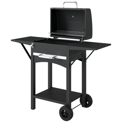 Outsunny Charcoal Grill with 2 Side Tables, Barbecue Grill with Thermometer and Warming Rack, Wheels, 43.3"x18.3"x39.8", Black