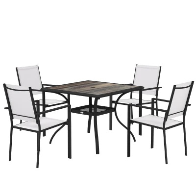 Outsunny 5 Piece Outdoor Patio Dining Set, Dining Table and 4 Stackable Chairs with Umbrella Hole, Shelf