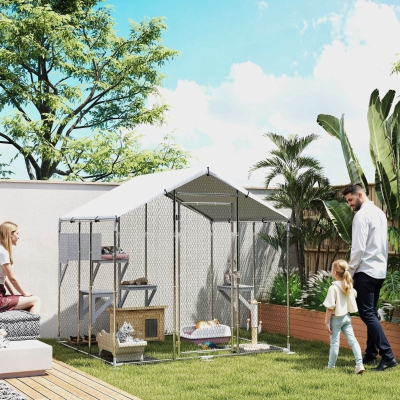 PawHut 79" Extra Large Metal Outdoor Catio with Waterproof Cover, Resting Box, 4 Platforms, for Multiple Rabbits, Chicken