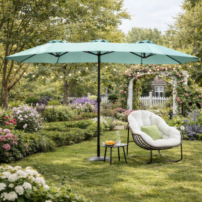 14.8 Ft Double Sided Outdoor Umbrella with Crank and Steel Frame, Light Green