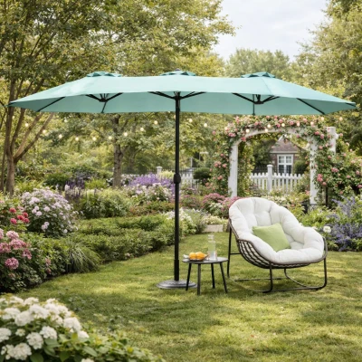 14.8 Ft Double Sided Outdoor Umbrella with Crank and Steel Frame, Light Green