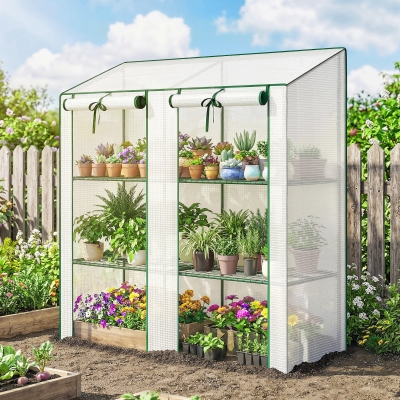 Outsunny Portable Mini Greenhouse Green House with 3 Tier Shelves, Reinforced PE Cover, Roll-up Doors, 56.3"x18.1"x59.4", White