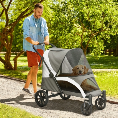 PawHut Foldable Pet Stroller for Large Dogs with Four Big Wheels, Shock-Absorbing Frame, Safety Leashes, Brakes, Dark Grey