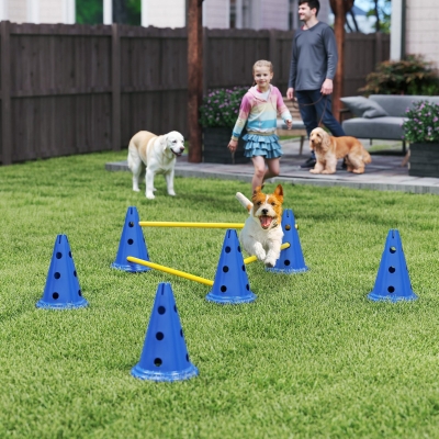PawHut Dog Agility Hurdle Cone Set, Adjustable Obstacle Course Equipment with 6 Cones & 6 Poles, Carry Bag, Blue