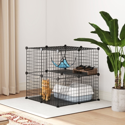 PawHut 2 Tier Cat Cage Crate, DIY Pet Playpen with 2 Doors, Ladder, Hammock, Perch, Indoor Playpen for Kittens, Black