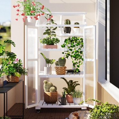 Portable Wood Greenhouse with Openable Roof & 3-Tier Shelf, 31.5'' L x 22.5'' W x 62'' H, White