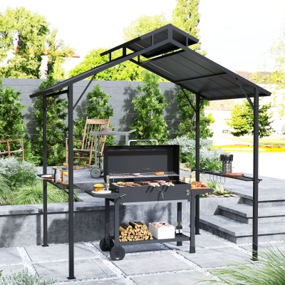 Outsunny 8 x 5ft Hardtop Grill Gazebo with Double Metal Roof, 2 Side Shelves and 10 Hooks for Patio Backyard Lawn Deck