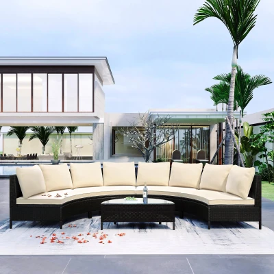 5 Piece Half-Moon Patio Sectional with Glass Table, 47.5" L x 27" W x 27" H, Beige