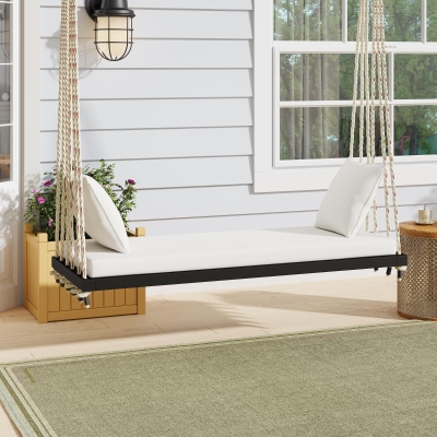 Acacia Wood Porch Swing with Plush Cushion & 2 Throw Pillow, 63'' L x 23.5'' W x 2'' H, Black