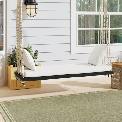 Acacia Wood Porch Swing with Plush Cushion & 2 Throw Pillow, 63'' L x 23.5'' W x 2'' H, Black