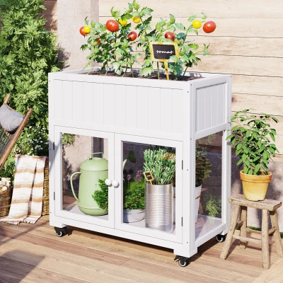 Mini Wood Cold Frame Greenhouse with Wheels for Patio, 35.5" L x 17.5" W x 37.5" H, White
