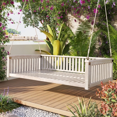 Minimalist Swing Bed with Safe Sloped Design for Backyard, 79" L x 41.5" W x 21" H, White