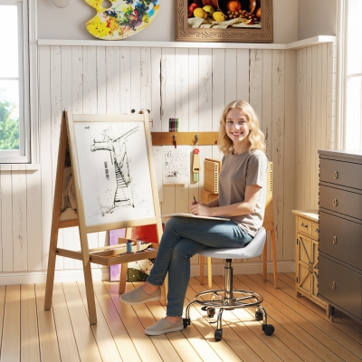 HOMCOM PU Leather Rolling Stool, Height Adjustable Swivel Salon Chair with Backrest and Foot Rest for Spa, Tattoo, White