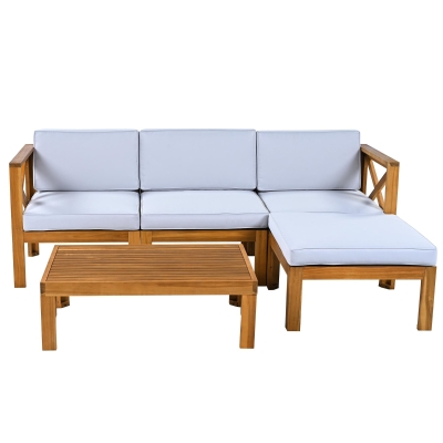 Casual Outdoor Sectional Sofa with Wood Frame & Cushions, 25.5" L x 25.5" W x 25.5" H, Natural+Gray