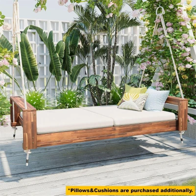 Acacia Wood Porch Swing Bed with Hemp Ropes for Patio, 86" L x 41.5" W x 17.5" H, Natural