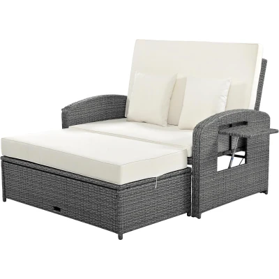 Stylish Double Chaise Lounge with Adjustable Back, 53.5" L x 43" W x 21.5" H, White