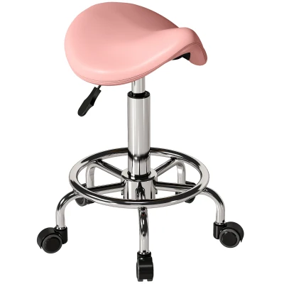 HOMCOM Saddle Stool, PU Leather Adjustable Rolling Salon Chair, Pink