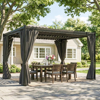 Outsunny 10 x 13 ft Louvered Pergola with Steel Roof, Curtains, Outdoor Metal Pergola Gazebo with Drainage Gutters, Grey