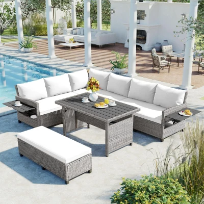 5-Piece Rattan Patio Sofa with Extendable Side Table & Dining Table, 47" L x 27.5" W x 27.5" H, White