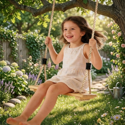 Qaba Wooden Swing Seat for Backyard Adjustable Rope Outdoor Playground Playset for Kids with Tree Straps Carabiners