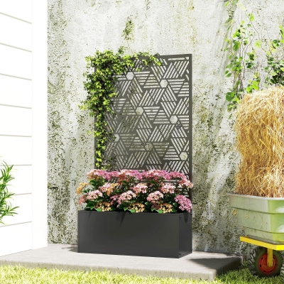Outsunny Metal Planter Box with Trellis, 44.5" Tall Raised Garden Bed with Privacy Screen, Hexagon and Line Cut-Out