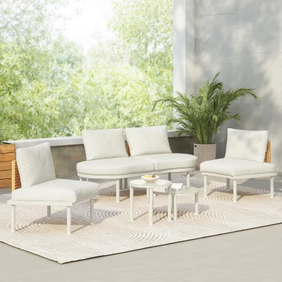 6-Piece Half Moon Patio Set with 2 Nesting Table for Backyard, 34.5'' L x 25.5'' W x 12.5'' H, Beige