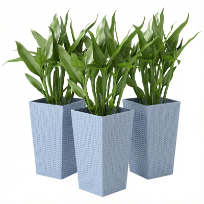 Outsunny Set of 3 Tall Rattan Planters with Drainage, Light Gray