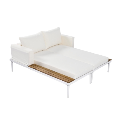 2 In 1 Outdoor Daybed with Wood Side Table for Patio, 59" L x 55" W x 21" H, Beige