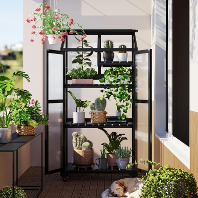 Portable Wood Greenhouse with Wheels & 3-Tier Shelf, 31.5'' L x 22.5'' W x 62'' H, Black