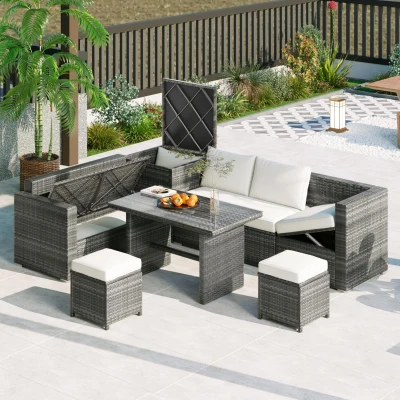 6-Piece Patio Rattan Set with Adjustable Lounger & Storage Box, 75.5" L x 27.5" W x 28.5" H, Beige
