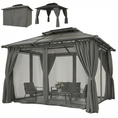 Outsunny 10' x 12' Outdoor Gazebo Canopy, Double Roof Hardtop Gazebo with Polycarbonate Roof, Steel Frame, Nettings and Curtains